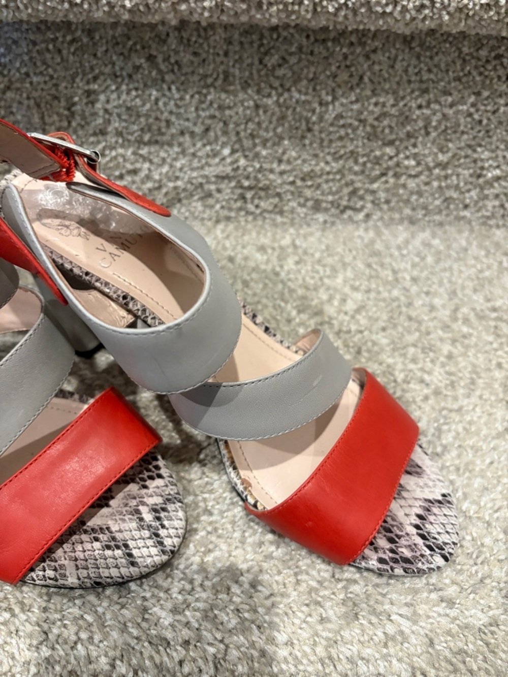 Vince canuto Women's Red and Gray Strappy Sandals with Snakeskin Accent - Picture 6 of 6